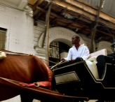A tired horse pulls a pensive taximan giving a silent tour to an empty carriage. Cartagena